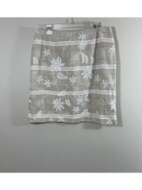 Womens 100%‎ Linen Skirt Size 16 Tan Floral Embroidered Striped Summer Coastal